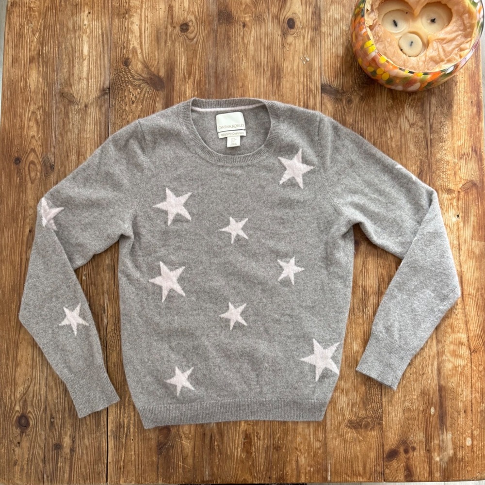 Cynthia Rowley Grey 100% Cashmere Star Print Crewneck Sweater Womens Medium EUC
